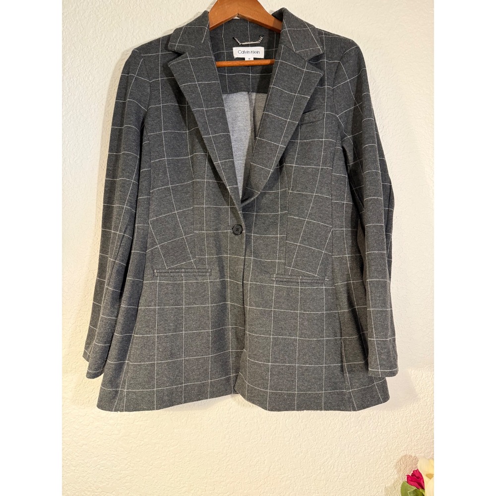 Calvin Klein Womens Grey Windowpane Plaid Single Button Blazer Jacket Size M